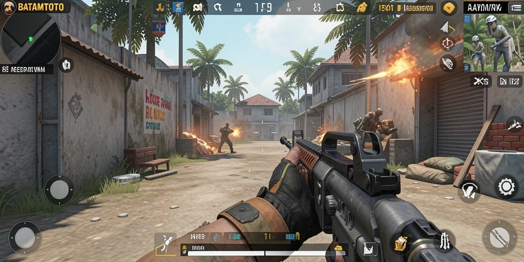 Screenshot utama menunjukkan aksi seru dalam pertempuran FPS.