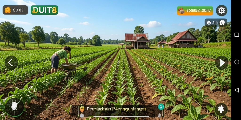 Tampilan gameplay DUIT8 dengan ladang yang subur dan aktivitas pertanian.