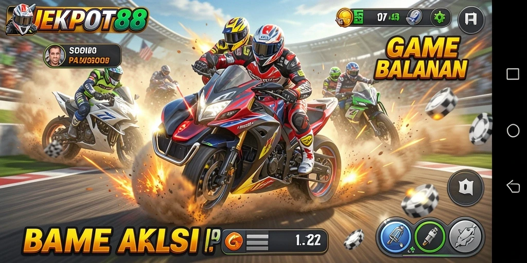 Screenshot gameplay JEKPOT88 menampilkan balapan yang mendebarkan di lintasan.