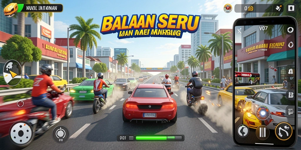 Screenshot gameplay V07 menunjukkan aksi balapan yang mendebarkan dan mobil yang keren.